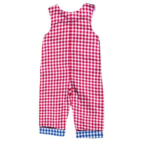 Mud pie Baby Boy 12-18 Months All Boy Red Gingham Romper Appliqué Tool Box Patch - Picture 4 of 4